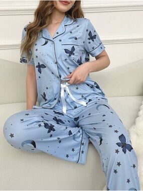 SHEIN Light Blue Butterfly & Moon Short-Sleeve Pajama Set